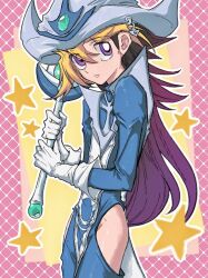 Rule 34 | 1boy, blonde hair, cosplay, gloves, hat, hip vent, holding, holding wand, multicolored hair, muto yugi, pianlinglun1, purple eyes, silent magician, silent magician (cosplay), tabard, wand, white gloves, white hat, white tabard, wizard hat, yu-gi-oh!