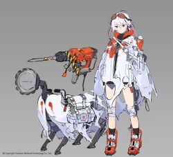ahoge bandage_on_face bandages black_shirt blood blood_on_clothes boots buckle capelet cascadia_(neural_cloud) charm_(object) circular_saw first_aid_kit ghost girls&#039;_frontline girls&#039;_frontline_neural_cloud goggles goggles_on_head green_eyes grey_background highres ierotak jackhammer knee_pads low_twintails mole mole_under_eye non-humanoid_robot official_art orange_boots orange_goggles pink_hair robot saw shirt simple_background strap torn_capelet torn_clothes twintails zipper