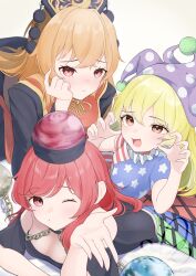 3girls absurdres american_flag_dress bare_shoulders black_dress black_shirt blonde_hair blowing_kiss breasts chain chinese_clothes choker cleavage clownpiece dalachi_(headdress) dress hair_between_eyes hat hecatia_lapislazuli highres jester_cap junko_(touhou) long_hair long_sleeves looking_at_viewer medium_breasts multiple_girls off-shoulder_shirt off_shoulder one_eye_closed red_eyes red_hair shirt short_sleeves signature skirt smile star_(symbol) star_print striped_clothes t-shirt tabard touhou very_long_hair wings yuwayuwano0909