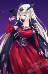Rule 34 | 1girl, bat hair ornament, bird, black cape, black corset, braid, breasts, cape, cleavage, corset, crow, dress, elbow gloves, fingerless gloves, gloves, grey hair, hair ornament, long hair, morrigan rufei, nerune (nerune 25), open mouth, red dress, red eyes, red gloves, side braids, torn cape, torn clothes, uchi no hime-sama ga ichiban kawaii, very long hair