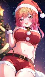 1girl absurdres bare_shoulders bell belt belt_collar black_belt black_choker black_collar black_gloves blurry blurry_background blush breasts choker christmas christmas_tree collar commentary fang fur-trimmed_headwear fur_gloves fur_trim gloves gradient_hair hair_ornament hairclip highres hololive hololive_dev_is ichijou_ririka large_breasts long_hair looking_at_viewer multicolored_hair navel neck_bell night open_mouth orange_hair pink_eyes pink_hair pom_pom_(clothes) red_hair red_shorts shorts smile snowing solo stomach t4n4k4_no_yosei teeth thighs upper_teeth_only virtual_youtuber