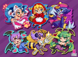 6+girls animal_ears b.b._hood bare_shoulders bat_wings blonde_hair blowing_kiss blue_hair breasts bug bunny_bones_ butterfly cat_ears cat_tail chibi claws cleavage dark-skinned_female dark_skin darkstalkers felicia_(darkstalkers) flat_chest green_eyes green_hair gun heart hsien-ko insect large_breasts lilith_(darkstalkers) long_hair long_sleeves morrigan_aensland multiple_girls one_eye_closed purple_hair q-bee short_hair sleeveless sleeves_past_wrists tail very_long_hair weapon white_fur wings wink