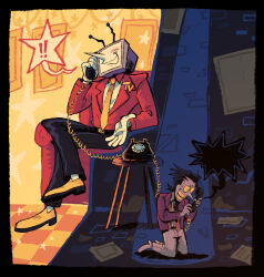 ! 2boys absurdres ant_tenna belt black_belt black_hair black_pants blush colored_skin corded_phone couch crossed_legs crt deltarune gloves highres holding holding_phone jacket male_focus multiple_boys object_head on_couch open_clothes open_jacket pants phone pointy_nose red_jacket round_eyewear shoes short_hair sitting slimespecter smile spamton_g._spamton spoken_exclamation_mark sweat table tinted_eyewear white_gloves white_pants white_shoes white_skin yellow-tinted_eyewear yellow_shoes