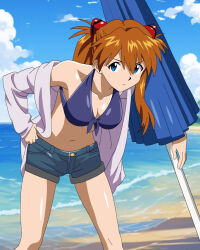1girl :/ alternate_breast_size bare_legs bare_shoulders beach bikini bikini_top_only bikini_under_clothes blue_eyes blue_sky breasts brown_hair cleavage closed_mouth day denim denim_shorts hand_on_own_hip highres holding holding_umbrella jaaaan jacket large_breasts leaning_forward long_hair looking_at_viewer navel neon_genesis_evangelion ocean open_clothes open_jacket outdoors purple_bikini serious shiny_skin shorts sky solo souryuu_asuka_langley standing swimsuit tsundere two_side_up umbrella wide_hips