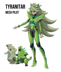 Rule 34 | 1girl, absurdres, armor, black bodysuit, black sclera, bodysuit, breasts, character name, colored sclera, creature and personification, expressionless, eyelashes, full body, gen 2 pokemon, green bodysuit, green eyes, green hair, green horns, hand up, high heels, highres, horns, humanization, iron thorns, long hair, mecha pilot suit, neon trim, nintendo, official art inset, outstretched hand, pauldrons, personification, pokemon, reference inset, rhymewithray, shoulder armor, solo, spiked hair, standing, two-tone bodysuit, tyranitar