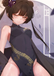 1girl absurdres black_dress black_hair black_jacket blue_archive butterfly_hair_ornament china_dress chinese_clothes double_bun dragon_print dress grey_eyes hair_bun hair_ornament highres jacket kisaki_(blue_archive) long_hair looking_at_viewer nningss pelvic_curtain single_bare_shoulder sleeveless sleeveless_dress solo striped_clothes striped_jacket twintails vertical-striped_clothes vertical-striped_jacket