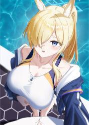 Rule 34 | 1boy, 1girl, absurdres, bare shoulders, blue archive, blue eyes, blue jacket, blush, breasts, from above, hair over one eye, highres, jacket, jinling ovo, kanna (blue archive), kanna (swimsuit) (blue archive), large breasts, long hair, looking at viewer, one-piece swimsuit, open mouth, ponytail, pool, poolside, pov, sharp teeth, shirt, sidelocks, swimsuit, teeth, upper teeth only, white one-piece swimsuit, white shirt