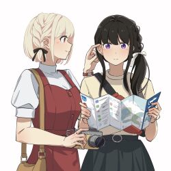 2girls bag belt belt_buckle black_hair black_ribbon black_skirt blonde_hair blush braid brown_bag brown_shirt buckle camera chinese_commentary closed_mouth commentary_request dress fafayu hair_ribbon highres holding holding_camera inoue_takina long_hair lycoris_recoil multiple_girls nishikigi_chisato pinafore_dress puffy_short_sleeves puffy_sleeves purple_eyes red_belt red_dress red_eyes ribbon shirt short_hair short_sleeves shoulder_bag side_ponytail simple_background skirt sleeveless sleeveless_dress tucking_hair watch white_background white_ribbon white_shirt wristwatch