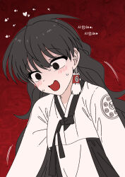 1girl black_eyes black_hair black_skirt blush dot_nose empty_eyes flat_chest hanbok heart highres jeogori_(clothes) korean_clothes long_hair looking_down motion_lines nakta open_mouth original red_background shirt skirt solo sweat upper_body wavy_hair wavy_mouth white_hanbok white_shirt yandere