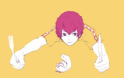 1boy animal bad_id bad_pixiv_id chipmunk flat_color fork knife male_focus marui_bunta shiro_(reptil) short_hair simple_background solo squirrel tennis_no_ouji-sama