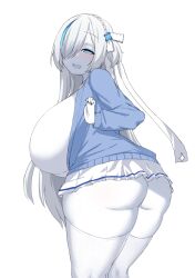 1girl absurdres ass azur_lane black_nails blue_cardigan blue_eyes braid breasts cardigan colored_skin curvy feet_out_of_frame hair_flower from_behind gigantic_breasts hair_ornament hair_over_one_eye half-closed_eye hand_up highres huge_ass leaning_forward light_blush long_hair looking_at_viewer looking_back miniskirt multicolored_hair nail_polish noe_(ppppriver) one_eye_covered open_cardigan open_clothes open_mouth pleated_skirt seductive_smile simple_background skirt smile solo streaked_hair tb_(azur_lane) thick_thighs thighhighs thighs very_long_hair white_background white_hair white_skin white_skirt white_thighhighs