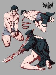 1boy ass ass_peek bara black_hair blood bound boxers chainsaw_man coat collage cuffs feet full_body gag handcuffs highres impaled improvised_gag katana katana_man_(chainsaw_man) kneeling long_sideburns male_focus male_underwear male_underwear_pull monster_boy multiple_views muscular muscular_male object_through_head open_mouth pectorals short_hair sideburns simple_background smokerichi sword sword_in_head tape tape_gag underwear weapon
