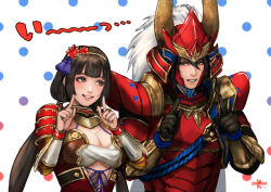 Rule 34 | armor, black hair, blush, boots, breasts, brown eyes, cleavage, grimace, helmet, ii naomasa, ii naotora, large breasts, lips, long hair, mitsuya, mole, mole on breast, pointing, sengoku musou, smile, twintails