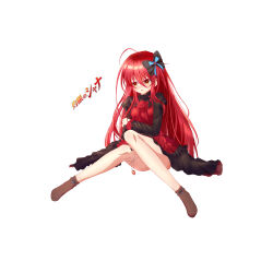15144666223 1girl absurdres alastor_(shakugan_no_shana) averting_eyes black_bow black_dress blush bow brown_socks copyright_name dress embarrassed flower full_body hair_bow highres long_hair open_mouth red_eyes red_flower red_hair red_rose rose shakugan_no_shana shana short_dress simple_background sitting socks solo very_long_hair wavy_mouth white_background