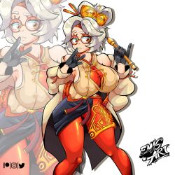 1girl 2023 \n/ alternate_breast_size arms_up black_gloves black_skirt breasts cameltoe clenched_teeth cloud cloudy_sky coat coat_on_shoulders collarbone commentary covered_erect_nipples double_bun emisart55 english_commentary eyeshadow female_focus glasses gloves gluteal_fold goggles goggles_on_head gold hair_bun hair_ornament hair_stick hair_tie hairdressing half_gloves hand_on_own_hip headband highres large_breasts leaning_forward lips logo long_sleeves looking_to_the_side makeup mature_female nintendo off_shoulder open_clothes open_coat orange_trim pantyhose parted_lips pencil_skirt puffy_long_sleeves puffy_sleeves purah red-tinted_eyewear red_eyes red_eyeshadow red_headband red_pantyhose round_eyewear sheikah simple_background skirt sky solo taut_clothes teeth the_legend_of_zelda the_legend_of_zelda:_tears_of_the_kingdom tinted_eyewear title undershirt variant_set vest white_background white_coat white_vest zoom_layer