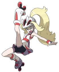 1girl blonde_hair fingerless_gloves full_body gloves green_eyes highres inline_skates korrina_(pokemon) mega_stone nintendo official_art oomura_yuusuke pokemon pokemon_xy roller_skates shorts shorts_under_skirt skates solo third-party_source transparent_background wristband