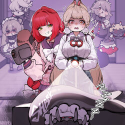 1boy 5girls absurdres ahoge alexandrina_sebastiane alice_thymefield anastella_(zenless_zone_zero) animal_ears bangboo_(zenless_zone_zero) black_boots black_dress black_hair black_sailor_collar blonde_hair boots bow breasts camcorder camera cardigan chroong commentary_request corin_wickes crying crying_with_eyes_open dress drusilla_(zenless_zone_zero) ellen_joe fingernails fins fish_tail flashlight furry furry_male green_eyes green_hair grin hairband heterochromia highres holding holding_camera holding_flashlight index_finger_raised knee_boots korean_commentary long_hair long_sleeves low_twintails maid_headdress metal_hairband multiple_girls pink_cardigan puffy_short_sleeves puffy_sleeves purple_eyes red_eyes red_hair sailor_collar scared shark_girl shark_tail shirt short_sleeves smile sweat tail tears tongue tongue_out trembling twintails ukinami_yuzuha video_camera von_lycaon white_bow white_shirt wolf_boy wolf_ears yellow_eyes zenless_zone_zero zzz