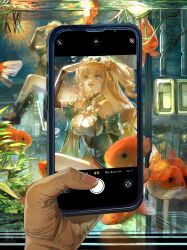 Rule 34 | 1girl, 1other, absurdres, bell, blonde hair, breasts, cellphone, commentary, eyewear on head, fish, fish tank, goldfish, green-tinted eyewear, grey eyes, hair bell, hair ornament, highres, holding, holding phone, honkai (series), honkai impact 3rd, ikuta41, iphone, large breasts, long hair, looking ahead, official alternate costume, open mouth, phone, pov, pov hands, round eyewear, seaweed, shading eyes, smartphone, songque, songque (jovial deception: shadowdimmer), taking picture, teeth, tinted eyewear, underwater, upper teeth only, viewfinder