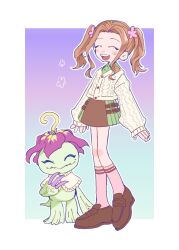 Rule 34 | 1girl, alternate costume, border, brown hair, brown skirt, cardigan, closed eyes, digimon, digimon adventure, full body, gradient background, green background, green shirt, green skirt, highres, long hair, megane mochi, palmon, plant, purple background, shirt, simple background, skirt, tachikawa mimi, twintails, white border