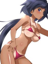 1girl awa ayame_(gundam_build_divers) backlighting bikini bikini_tan black_hair breasts from_side gundam gundam_build_divers large_breasts long_hair looking_at_viewer low_ponytail messy_hair micro_bikini navel parted_bangs ponytail purple_eyes red_bikini simple_background skindentation solo string_bikini swimsuit tan tanline thighs white_background
