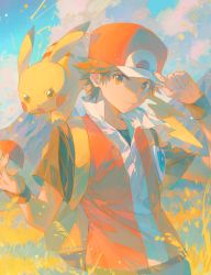 Rule 34 | 1boy, absurdres, backpack, bag, bakutiku, brown eyes, brown hair, closed mouth, cloud, day, gen 1 pokemon, hand on headwear, hat, highres, holding, holding poke ball, jacket, looking at viewer, male focus, nintendo, orange headwear, outdoors, pikachu, poke ball, poke ball (basic), pokemon, pokemon (creature), pokemon frlg, red (pokemon), shirt, short hair, sky, vs seeker, wristband, yellow bag