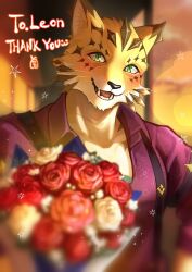 1boy blush bouquet bowchanrou_(b0tar0) cheetah_boy cheetah_ears commentary commission commissioner_name english_commentary fangs flower furry furry_male green_eyes highres looking_at_viewer male_focus open_mouth orange_sky ose_(housamo) purple_shirt rose shirt skeb_commission sky smile star_(symbol) suspenders tokyo_houkago_summoners upper_body whiskers