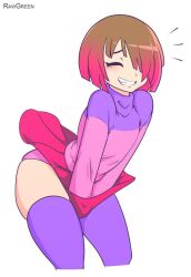 bete_noire brown_hair closed_eyes glitchtale highres long_socks miniskirt panties pink_hair pink_panties pink_shirt purple_shirt purple_socks shirt short_hair skirt smile socks undertale underwear white_background