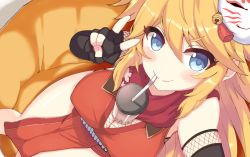 Rule 34 | 1girl, absurdres, black gloves, blonde hair, breasts, bubble tea, cleavage, covered erect nipples, drinking, elbow gloves, fingerless gloves, fox mask, from above, gloves, highres, japanese clothes, kimono, lancer (worudrleh1), large breasts, long hair, looking at viewer, mask, ninon (oedo) (princess connect!), ninon (princess connect!), official alternate costume, princess connect!, red scarf, scarf, selfie, sleeveless, sleeveless kimono, smile, solo