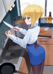 1girl artoria_pendragon_(fate) black_pantyhose blonde_hair blue_ribbon blue_skirt blush braid braided_bun closed_mouth cooking dust_bunny_(dtky5772) fate/stay_night fate_(series) from_side green_eyes hair_bun hair_ribbon highres holding holding_knife knife pantyhose peeling potato ribbon saber_(fate) shirt skirt solo standing sweat white_shirt