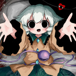 1girl :d bags_under_eyes bed black_eyes black_hat blood bloody_knife blouse buttons commentary_request diamond_button floral_print frilled_shirt_collar frills green_hair green_skirt hat heart heripantomorrow knife komeiji_koishi long_sleeves looking_at_viewer lying medium_hair on_back open_hands open_mouth outstretched_arms pillow print_skirt reaching reaching_towards_viewer rose_print shirt skirt smile solo third_eye touhou unworn_hat unworn_headwear wide_sleeves yellow_shirt