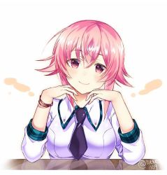 1girl black_necktie blush bracelet breasts chaos;child closed_mouth collared_shirt hair_between_eyes head_tilt jewelry long_sleeves looking_at_viewer medium_breasts medium_hair necktie onoe_serika pink_eyes pink_hair rotte_(1109) school_uniform shirt smile solo twitter_username upper_body white_background white_shirt wing_collar