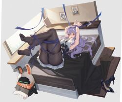 1girl 1other absurdres armpits arms_up ass bakoko bangboo_(zenless_zone_zero) bdsm bed_sheet belle_(zenless_zone_zero) black_pantyhose black_shoes black_skirt blue_ribbon blush bondage bound bound_ankles bound_legs bound_wrists breasts center_frills dress eous_(zenless_zone_zero) feet frills hair_spread_out high_heels highres large_breasts long_hair looking_at_viewer lying mole mole_under_eye multicolored_hair no_shoes nose_blush on_back on_bed open_mouth overskirt pantyhose patterned_legwear purple_hair purple_ribbon red_eyes ribbon ribbon_bondage shoes sideless_outfit simple_background skirt soles solo streaked_hair toes transparent_background unworn_shoes vivian_banshee white_dress white_hair wise_(zenless_zone_zero) zenless_zone_zero