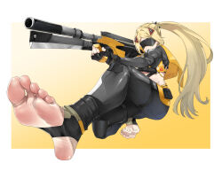 1girl black_blindfold black_gloves black_jacket black_pants blindfold blonde_hair cropped_jacket eiji_(eiji) foot_focus full_body gloves gun highres holding holding_gun holding_weapon jacket long_hair pants partially_fingerless_gloves ponytail rifle soles solo toeless_legwear toes trigger_(zenless_zone_zero) very_long_hair weapon zenless_zone_zero