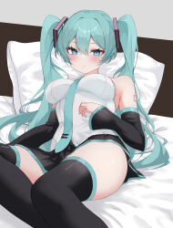 1girl absurdres aqua_eyes aqua_hair aqua_necktie arm_tattoo armpit_crease bed_sheet black_skirt black_sleeves black_thighhighs blush breasts closed_mouth commentary_request detached_sleeves double-parted_bangs eikawa_suru eyelashes hatsune_miku highres long_hair long_sleeves looking_at_viewer medium_breasts miniskirt necktie number_tattoo on_bed pillow pleated_skirt reclining shirt skirt sleeveless sleeveless_shirt solo tattoo thighhighs thighs tie_clip twintails vocaloid