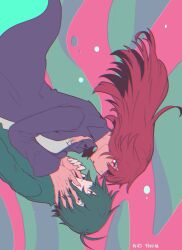 1girl 1other breasts chromatic_aberration cleavage coat colored_skin commentary_request deltarune eye_contact face-to-face falling fingernails from_side furry furry_female furry_with_non-furry green_background green_hair green_shirt hand_on_another&#039;s_hand hands_on_another&#039;s_cheeks hands_on_another&#039;s_face highres interspecies komugiko_(bitte_komu) kris_(deltarune) large_breasts long_hair looking_at_another no_pupils open_clothes open_coat other_with_female pale_skin pink_background pink_eyes pink_hair pink_skin profile purple_coat reptile_girl sharp_fingernails shirt short_hair simple_background susie_(deltarune) upper_body white_shirt yoru_ni_kakeru