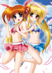 Rule 34 | bikini, bikini skirt, blonde hair, blue bikini, blue eyes, blush, closed mouth, fate testarossa, feathers, flat chest, front-tie bikini top, front-tie top, hair ribbon, hands up, higa yukari, locked arms, long hair, looking at viewer, lyrical nanoha, mahou shoujo lyrical nanoha, medium hair, navel, official art, one side up, open mouth, orange hair, pink ribbon, raising heart, raising heart (standby mode), red bikini, red eyes, ribbon, sandals, side-tie bikini bottom, smile, standing, standing on one leg, swimsuit, takamachi nanoha, thighs, twintails, yuri