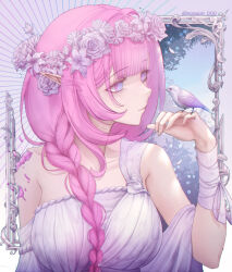 1girl artist_name bandages bird bird_on_hand braid breasts commentary cracked_skin dress elysia_(honkai_impact) english_commentary eun_(eunice) gradient_eyes grass head_wreath honkai_(series) honkai_impact_3rd medium_breasts multicolored_eyes pink_eyes pink_hair smile solo white_dress