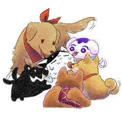 Rule 34 | bandana, black hair, bright pupils, cat, dog, hector (omori), hot diggity dog (omori), kel (headspace) (omori), kel (omori), licking, lucas (omori), no humans, omori, omori (omori), purple eyes, purple hair, red bandana, shadow dog (omori), simple background, sun iiinu, tongue, tongue out, white background, white pupils