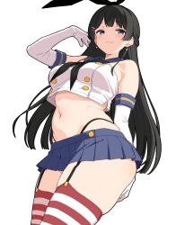 1girl :3 animal_ears black_hair blue_eyes blue_skirt blush breasts commentary_request cosplay earrings elbow_gloves fake_animal_ears garter_straps gloves highres horizontal-striped_thighhighs jewelry kantai_collection large_breasts long_hair midriff miniskirt navel nijisanji panty_straps pleated_skirt rabbit_ears school_uniform serafuku shimakaze_(kancolle) shimakaze_(kancolle)_(cosplay) simple_background skindentation skirt solo stomach thighs to_bari tsukino_mito virtual_youtuber white_background