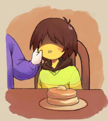 1girl 1other ahoge blush brown_hair chair cheek_squash colored_skin commentary_request deltarune food green_sweater head_out_of_frame kris_(deltarune) no_eyes open_mouth pancake pancake_stack plate purple_sweater shaded_face short_hair simple_background sitting striped_clothes striped_sweater sweater table toofu toriel yellow_skin