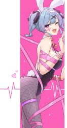 1girl absurdres animal_ears bare_shoulders black_leotard blue_eyes blue_hair blush bow bowtie commentary detached_collar fake_animal_ears fake_tail fishnet_pantyhose fishnets from_side hair_ornament hatsune_miku heart heart-shaped_pupils highleg highleg_leotard highres implied_sex leaning_forward leotard looking_at_viewer ogura_toast one_eye_closed open_mouth pantyhose pink_ribbon playboy_bunny rabbit_ears rabbit_hole_(vocaloid) rabbit_tail red_bow red_bowtie ribbon short_hair smile solo symbol-only_commentary symbol-shaped_pupils tail teardrop_facial_mark thigh_strap twintails vocaloid x_hair_ornament
