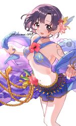 Rule 34 | 1girl, arabian clothes, bare legs, blue skirt, blush, bracelet, breasts, commentary request, feet out of frame, highres, idolmaster, idolmaster cinderella girls, jewelry, looking at viewer, medium breasts, miniskirt, navel, portrait, shiragiku hotaru, shisui (5830217), short hair, simple background, skirt, smile, solo, stomach, twitter username, watermark, white background