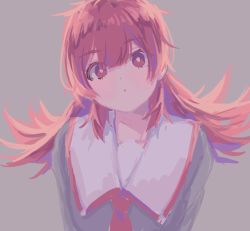 Rule 34 | 1girl, blush, eyes visible through hair, female focus, grey background, highres, long hair, looking at viewer, n (m ohkamotoh), original, parted lips, pink eyes, pink hair, red neckwear, simple background, solo, upper body