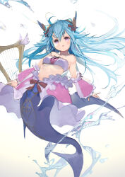 1girl bare_shoulders blue_hair breasts emil_chronicle_online frills harp highres horns instrument long_hair lorelei_lore medium_breasts mermaid mizopost monster_girl open_mouth purple_eyes splatter variant_set