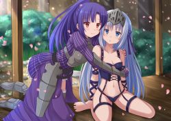 Rule 34 | 2girls, armor, blue eyes, blue hair, blush, breastplate, breasts, brown eyes, cleavage, cosplay, costume switch, crossover, cube x cursed x curious, eucliwood hellscythe, eucliwood hellscythe (cosplay), greaves, kazenokaze, kore wa zombie desu ka?, long hair, medium breasts, multiple girls, navel, pinstripe pattern, ponytail, purple hair, sitting, smile, spikes, striped, ueno kirika, ueno kirika (cosplay), visor (armor), yuri