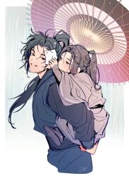 2boys aged_down artist_name black_eyes black_hair blue_hanfu brown_eyes brown_hair carrying carrying_over_shoulder child chinese_clothes chu_wanning erha_he_tadebai_mao_shizun grey_hanfu handkerchief hanfu high_ponytail highres holding holding_handkerchief holding_umbrella korean_commentary long_hair long_sleeves looking_at_another looking_to_the_side male_focus mo_ran multiple_boys oil-paper_umbrella parted_lips piggyback ponytail rain robe shared_umbrella sideways_glance smile to_dot umbrella wet wide_sleeves wiping yaoi