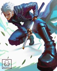 1boy artist_name black_boots black_shirt blood blood_on_face blue_coat blue_eyes boots closed_mouth coat commentary devil_may_cry_(series) devil_may_cry_5 drawing_sword dynamic_pose english_commentary floating_clothes hair_slicked_back highres holding holding_sword holding_weapon katana lapels looking_ahead male_focus maskoo185826 shirt short_hair sideburns solo sword vergil_(devil_may_cry) vest weapon white_hair yamato_(sword)