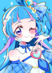 Rule 34 | 1girl, absurdres, aokaze nana, bare shoulders, blue eyes, blue hair, blush, closed mouth, collarbone, cure wink, detached collar, dress, hair ornament, headphones, highres, idol, idol clothes, kimi to idol precure, long hair, looking at viewer, multicolored hair, one eye closed, potacure, precure, purple hair, smile, solo, strapless, strapless dress