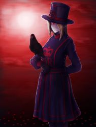 1girl bird blonde_hair crow erica_(naze1940) female_focus gloves hat highres long_hair long_skirt looking_at_viewer moon night original raven red_eyes red_sky skirt sky smile solo standing turtleneck