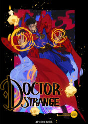 1boy absurdres artist_name belt black_boots black_border black_hair blue_background blue_eyes blue_shirt boots border brown_belt candle character_name checkered_cloak cloak closed_mouth cyberpumpkinpie doctor_strange facial_hair fingernails full_body hands_up highres jewelry long_sleeves looking_at_viewer magic male_focus marvel marvel_cinematic_universe multicolored_hair necklace outside_border red_cloak shirt short_hair skull solo sparkle standing streaked_hair tentacles v-shaped_eyebrows white_hair